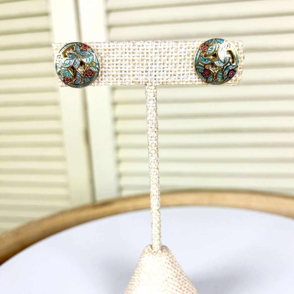 Mid Century Feminine Gold Teal Red Enamel Cloisonne Round Filigree Stud Earrings